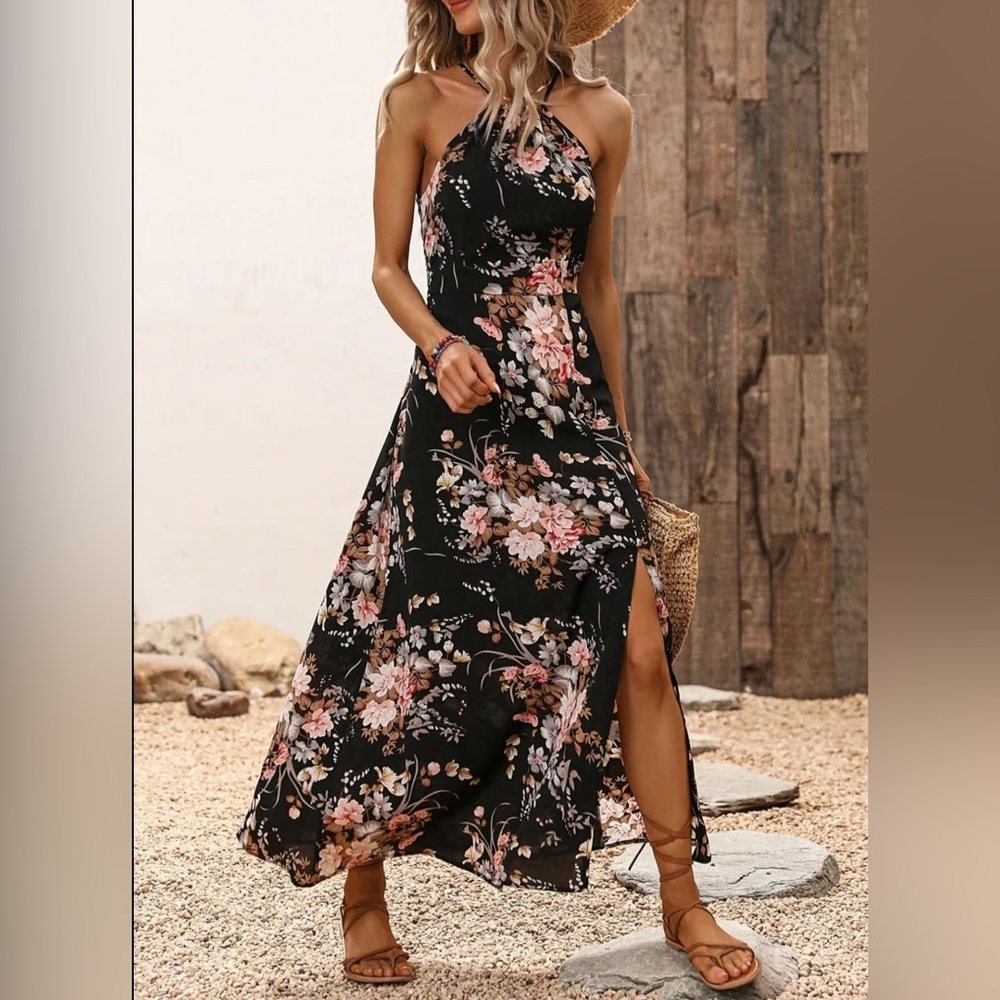 Floral Halter Maxi Dress - Black and Pink